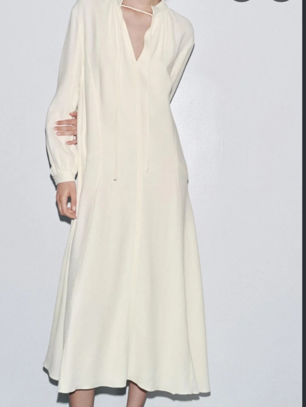 Zara Cream Long-Sleeve Maxi Dress with Tie Detail